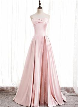 Picture of Pink Satin Long Party Dresses with Pearls, Floor Length Party Dres Wedding Party Dresses